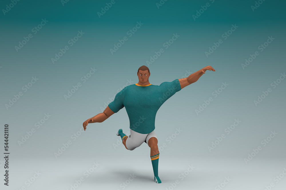 An athlete wearing a green shirt and white pants.  He is doing exercise. 3d rendering of cartoon character in acting.