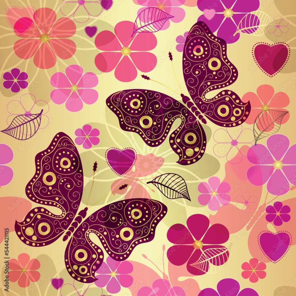 Seamless spring golden valentine pattern with lace butterflies, flowers  and hearts. Vector eps 10
