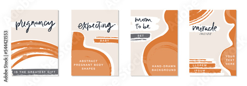 Pregnancy poster set with abstract pregnant woman body shapes, expecting baby positive quotes and sample text. Trendy modern vector banner background design for group prenatal care, doctor or midwife. photo