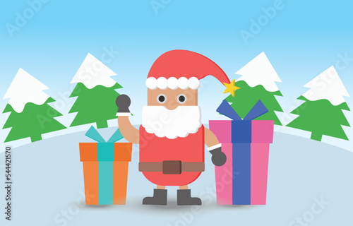 Vector christmas day background with santa claus ,christmas tree and gift box .Illustration vector of christmas day background sale concept.use for X mas day santa claus sale.