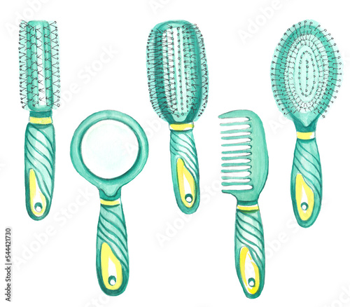 Watercolor set with barber and hairdressing tools. Transparent layer.