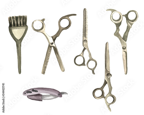 Watercolor set with barber and hairdressing tools. Transparent layer.