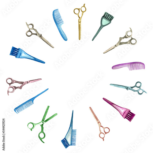 Watercolor wreath with barber and hairdressing tools. Transparent layer.