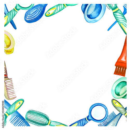 Watercolor frame with barber and hairdressing tools. Transparent layer.
