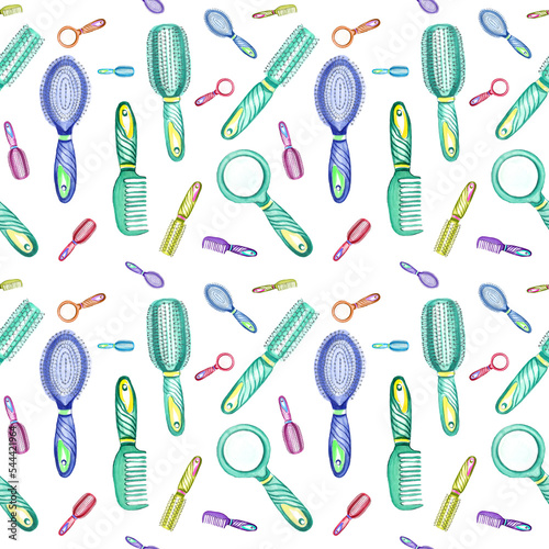 Watercolor seamless pattern with barber and hairdressing tools. Transparent layer.