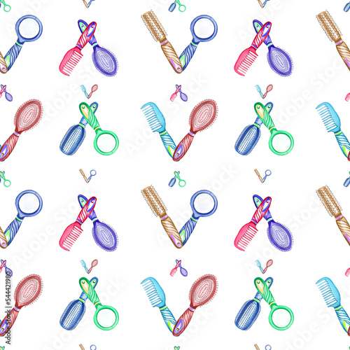 Watercolor seamless pattern with barber and hairdressing tools. Transparent layer.