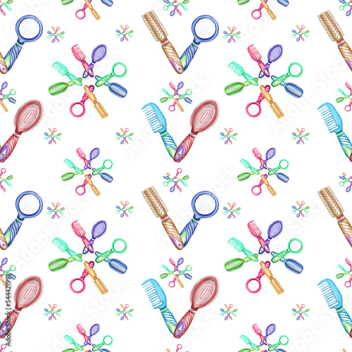 Watercolor seamless pattern with barber and hairdressing tools. Transparent layer.