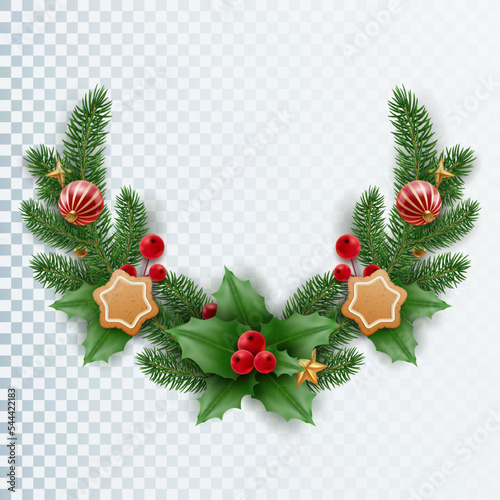 Christmas garland of tree branches, berries, candy canes and christmas balls. Realistic looking Christmas decor with berries and leaves in the shape of a semicircle