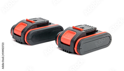 Lithium Batteries for Black Screwdriver Cordless Drill with Red Decorative Design Inserts Close-Up on White Background