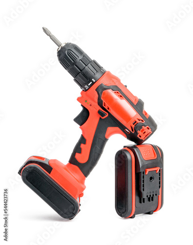 Obraz na płótnie Red Wireless Drill Screwdriver with Black Decorative Design Elements with Lithium Battery on White Background