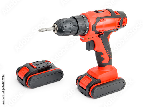 Red Wireless Drill Screwdriver with Black Decorative Design Elements with Lithium Battery on White Background