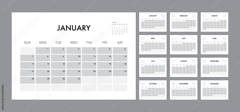Calendar template for 2023 year. Planner diary in a minimalist style. Corporate and business calendar. 2023 calendar in minimal table and blue and yellow color event planner, Week Starts Sunday Calendar template for 2023 year. Planner diary in a minimalist style. Corporate and business calendar. 2023 calendar in minimal table and blue and yellow color event planner, Week Starts Sunday