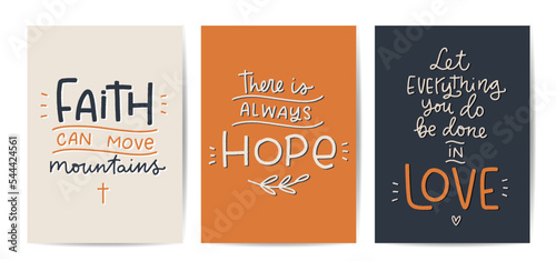 Christian quotes set. Different short Bible verses about faith, hope and love for church decor, cards, stickers or t-shirt print. Popular religious phrases collection.