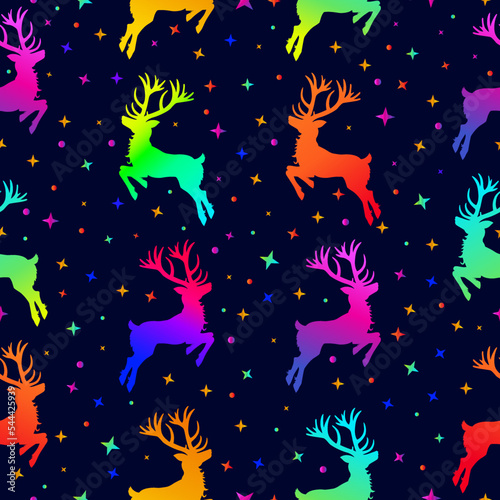 Seamless neon pattern with deer in vector. Bright children's background for textiles and fabrics, clothing, wrapping paper. Festive New Year template for design. © Artfurskaty