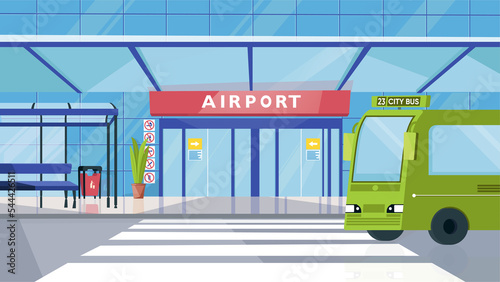 Airport entrance and bus station concept in flat cartoon design. Facade of building with door, bench, bus and crosswalk. Passenger transportation, transfer. Illustration horizontal background