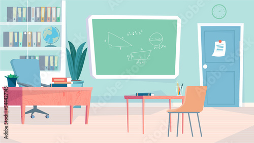 Classroom interior concept in flat cartoon design. Teacher and student workplaces. Classroom with blackboard, bookcase, tables and chairs, stationery, decor. Illustration horizontal background