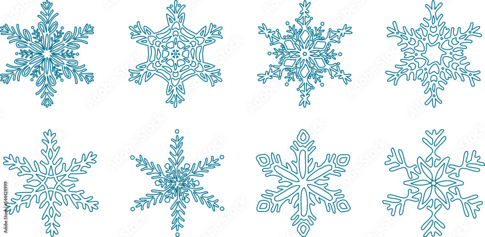Vector hand-drawn snowflakes set. Snow icon silhouettes. Design elements for christmas, winter prints, seasonal greetings. Vector hand-drawn snowflakes set. Snow icon silhouettes. Design elements for christmas, winter prints, seasonal greetings.