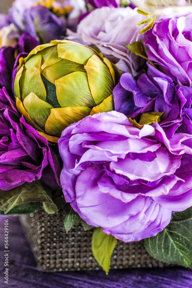 Fototapeta premium Artichoke floral arrangement, wedding decorations, holiday bouquet, event design, sweet sixteen, quincenera tabletop decorations