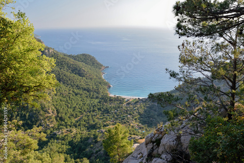 Fototapeta Naklejka Na Ścianę i Meble -  Amazing view from the forested hill at a beautiful bay at Kabak in Turkey