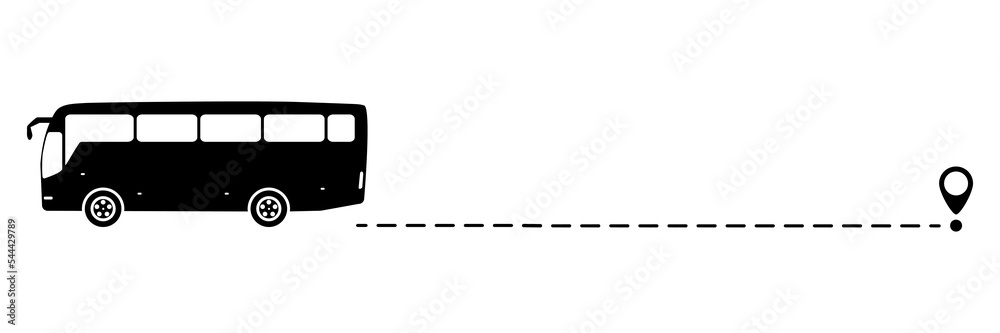 Bus icon with line start point. Bus driving on dotted route with map pin. Vector isolated on white.