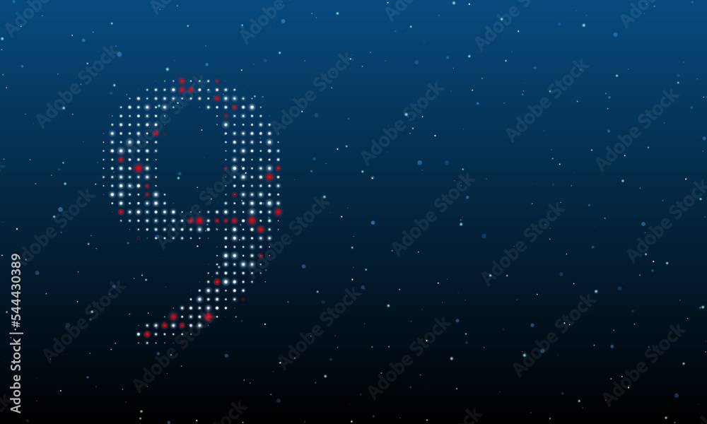 On the left is the number nine symbol filled with white dots. Background pattern from dots and circles of different shades. Vector illustration on blue background with stars