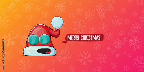 Vector cartoon Santa Claus red hat with smile face isolated on pink horizontal bannner background with snowflakes. Merry Christmas greeting banner with funny monster Santa Claus hat. Santa hat