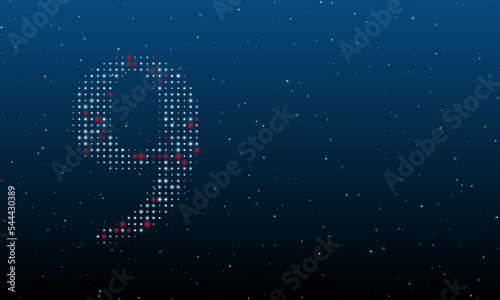 On the left is the number nine symbol filled with white dots. Background pattern from dots and circles of different shades. Vector illustration on blue background with stars