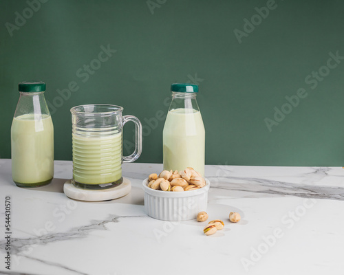 View of healthy alternative pistachio milk. Copy space
