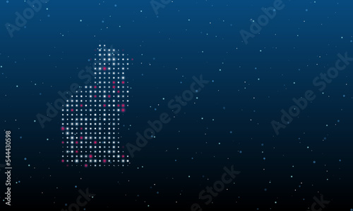 On the left is the cat symbol filled with white dots. Background pattern from dots and circles of different shades. Vector illustration on blue background with stars