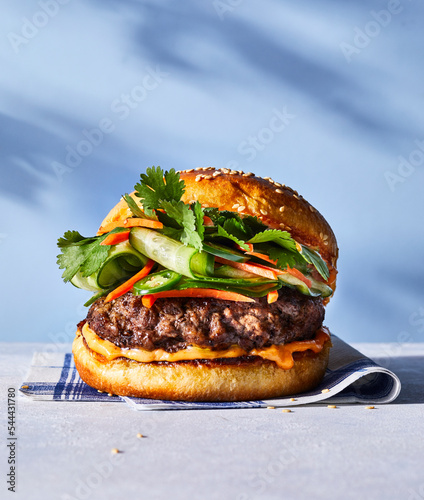 Burger on paper napkin with blue dappled light background