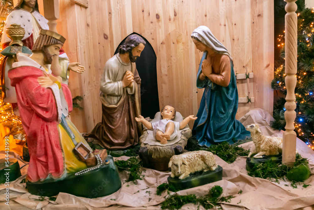 Nativity. Nativity scene with the Holy Child, the Most Holy Theotokos, Saint Joseph, Magi and sheep.