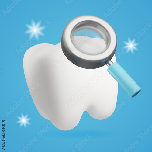 Clean sparkling tooth under a 3d magnifying glass. Cute vector illustration for children of dental hygiene.