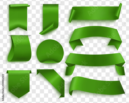 A set of green labels and ribbons on a transparent background.Space for text.