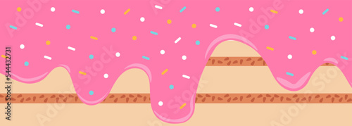 Cake with pink cream, melted with colorful cute candy sprinkles, long frame, banner seamless pattern, vector white background