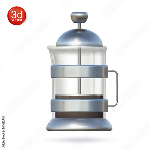 3d french press with coffee or tea. Isolated brewer jug with metal and transparent glass. Kitchen utensils vector illustrations.
