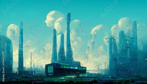 Cyber factory in the future with smoke pollution design illustration