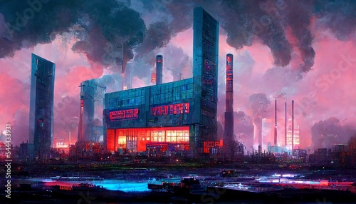 Cyber factory in the future at night with smoke pollution design illustration