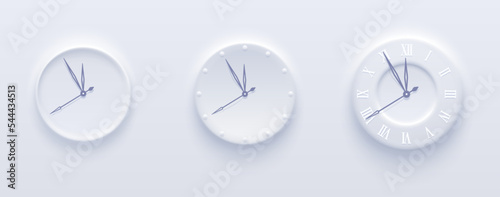 Neumorphic clocks on light background. Three clock faces.