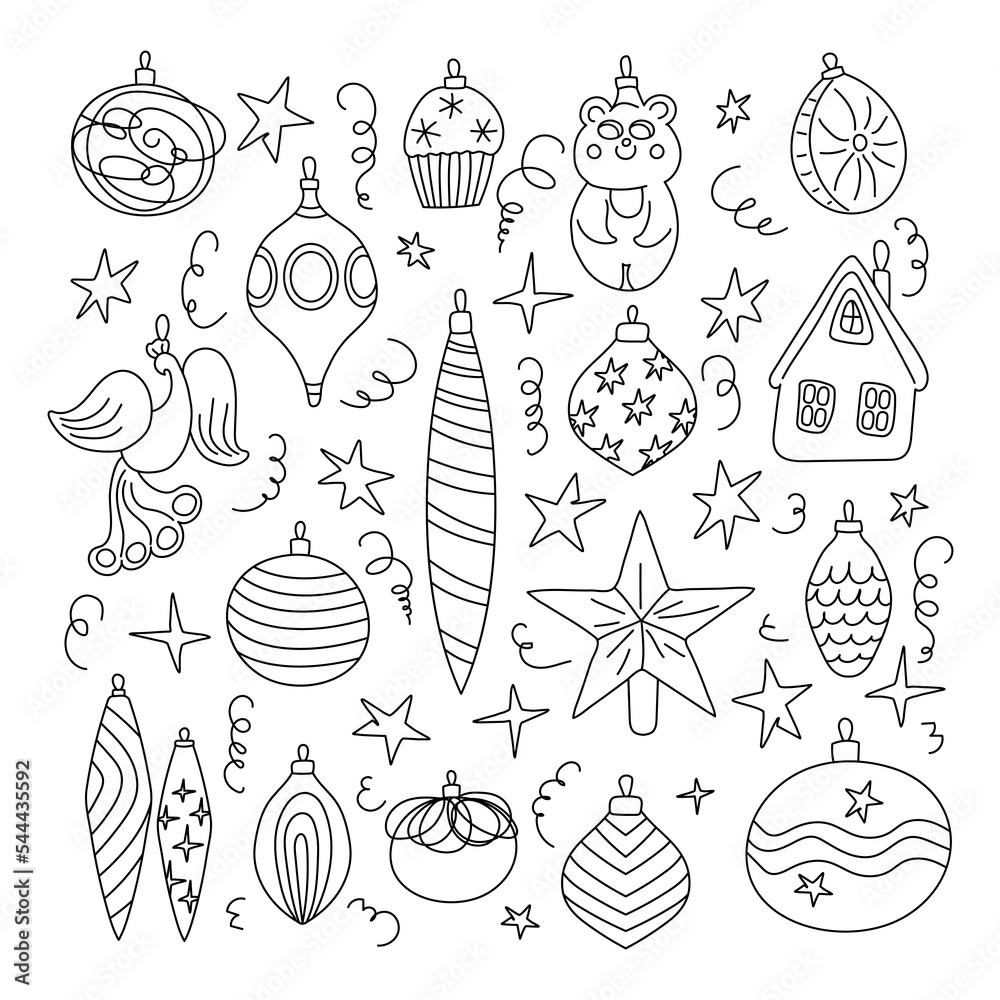 Hand drawn Christmas ornaments vector illustration. Xmas baubles doodles. Clip art elements isolated on white background. Black outline 