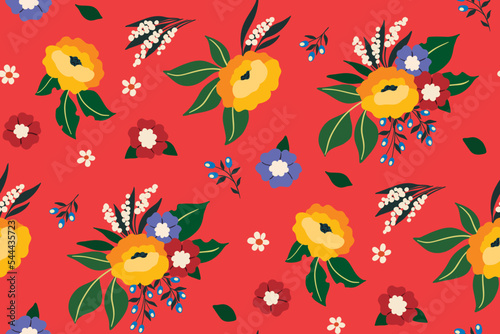 Seamless floral pattern, cute ditsy print with colorful bouquets in modern folk style. Pretty flower design with hand drawn plants: small flowers, leaves on a red background. Vector illustration. © Yulya i Kot