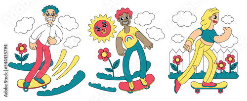 Set of images with young skaters in nature. Cartoon characters ride a skateboard on the street. Funny boys, girl are engaged in outdoor activities. Vector illustration.