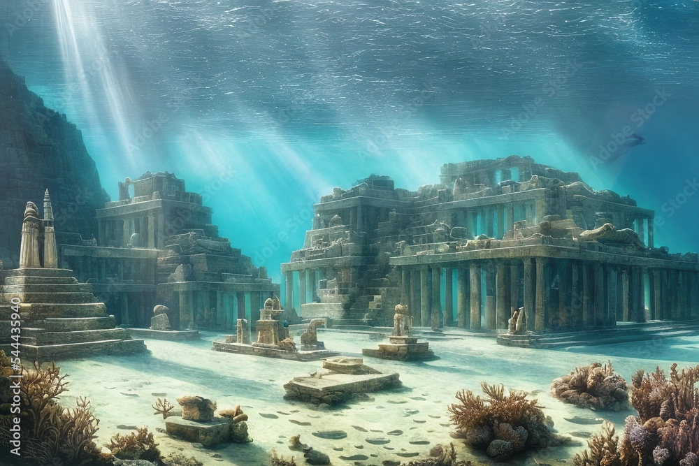 fantasy illustration of underwater view of submerged ruins of ancient ...
