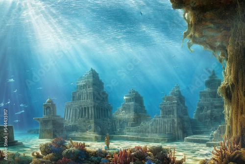 fantasy illustration of underwater view of submerged ruins of ancient city with stone figurines and walls
