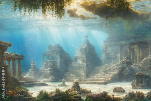 fantasy illustration of underwater view of submerged ruins of ancient city with stone figurines and walls