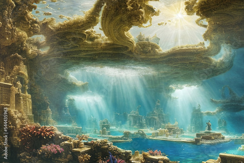 fantasy illustration of underwater view of submerged ruins of ancient city with stone figurines and walls