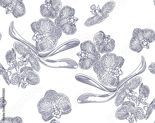 Orchid flowers and leaves, pattern in vintage style