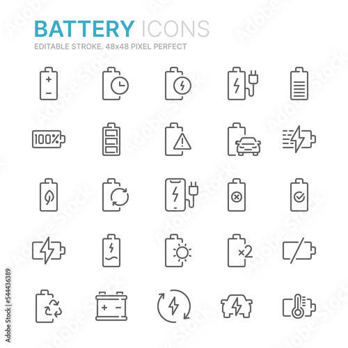 Collection of battery related outline icons. 48x48 Pixel Perfect. Editable stroke