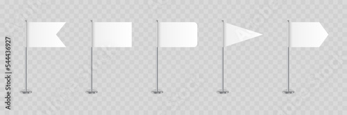 Realistic table flags. Blank banners various shape on steel pole. Table flags for promotion, dvertising and decoration. Vector illustration.