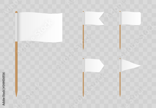 Realistic toothpick flags. White banners various shape on wooden stick. Blank toothpick flags for decoration. Vector illustration.