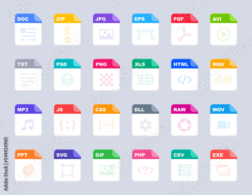 File type icons. File formats in flat design. File and documents extensions. Icons for ui. Vector illustration.